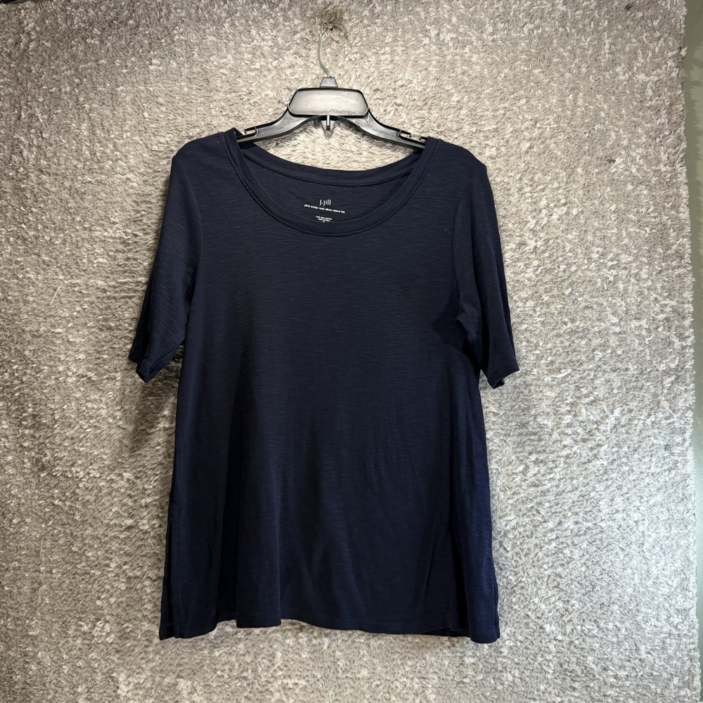 J. Jill Pima Scoop Neck Elbow Sleeve Tee Navy Pima Cotton M Petite Slits Preppy